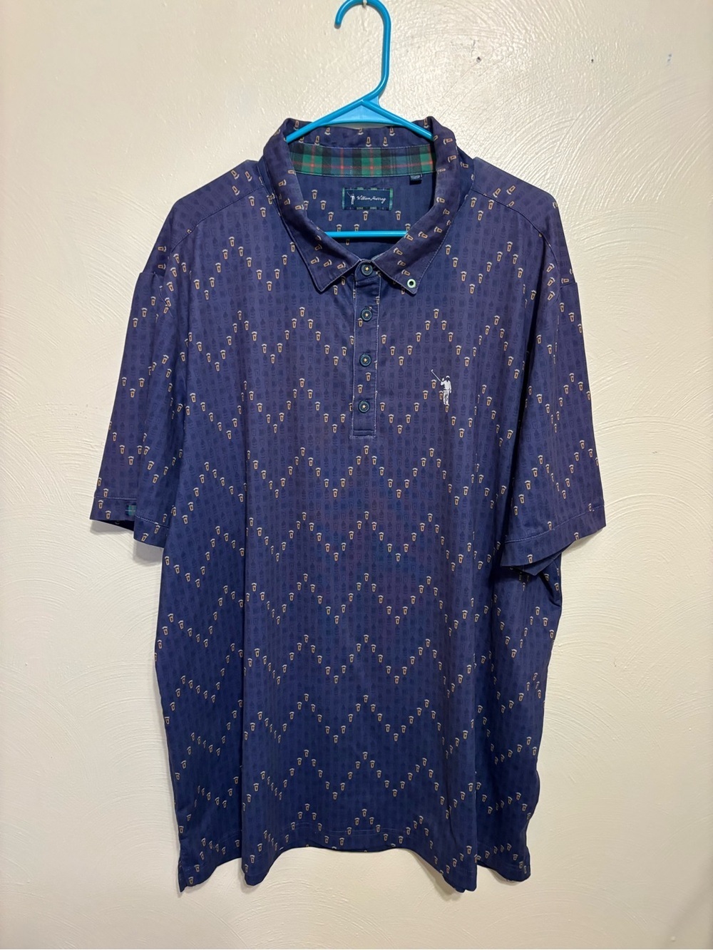 William Murray Golf Polo Shirt XXL Blue Beer Pint Print Stretch Performance Polo